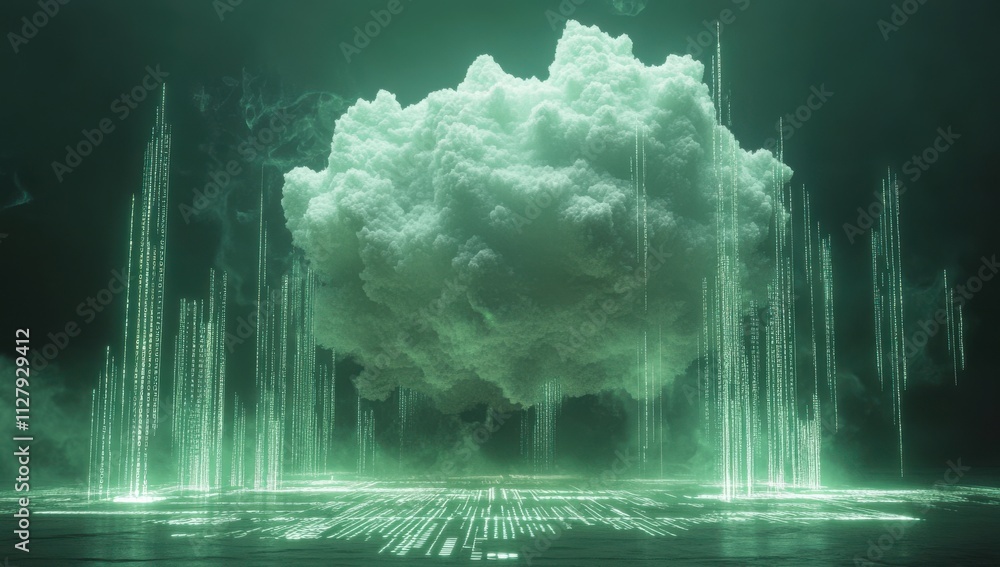 Poster futuristic cloud with digital data streams and neon green accents depicting abstract technology and 