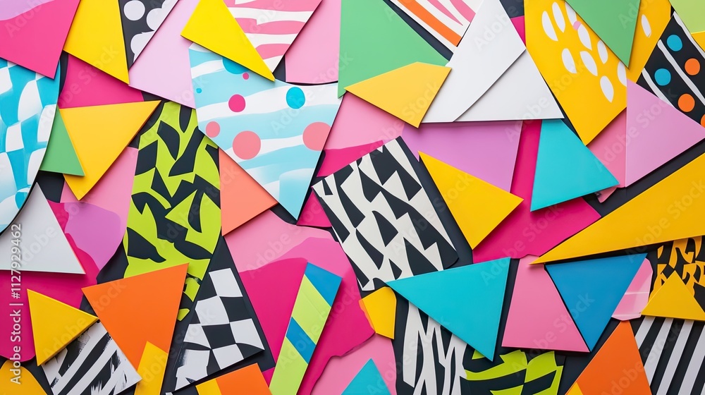 Poster abstract composition of overlapping colorful triangles and geometric patterns