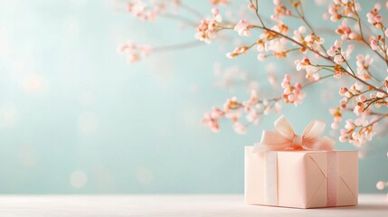 Delicate pastel gift box with elegant designs amidst blooming cherry blossoms elegant presentation springtime serenity vibrant atmosphere charming perspective for celebratory moments