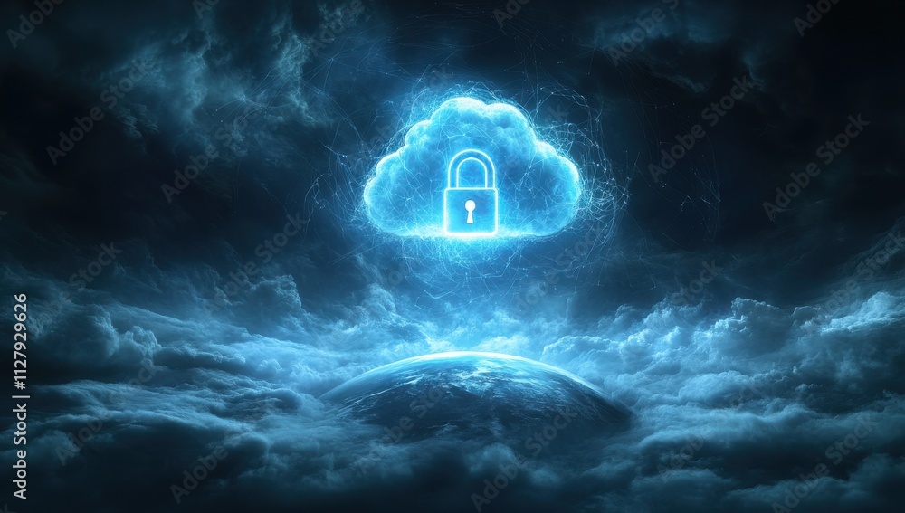 Poster futuristic concept of digital cloud security with lock symbol, representing online data protection a