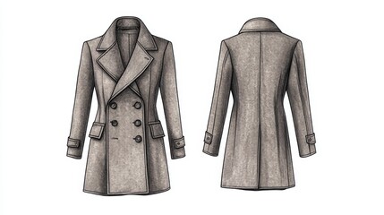 Ultra detailed, photorealistic fashion design sketch of a luxurious wool coat