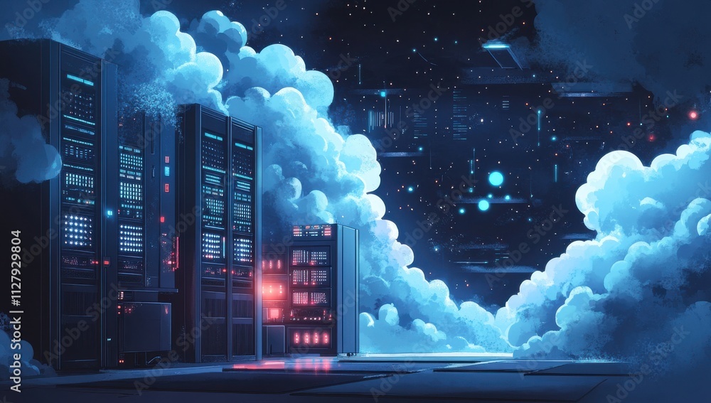 Aufkleber futuristic data center surrounded by clouds and starry space, showcasing high-tech servers and advan