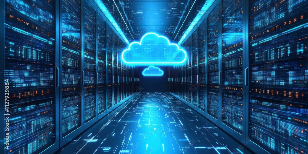 Poster futuristic data center with cloud icon and digital network connections depicting advanced technology