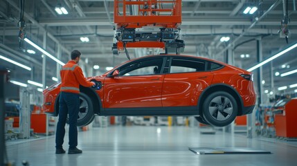Fototapeta premium Cutting-edge automotive assembly: Red electric vehicle under inspection in advanced factory, showcasing innovative manufacturing and quality control.