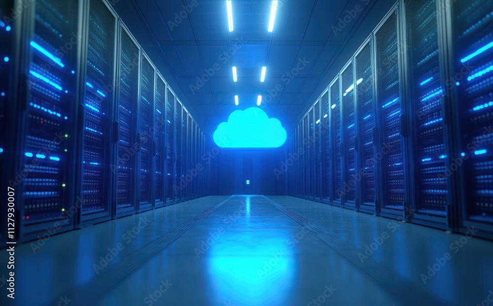 Poster futuristic data center with server racks and cloud concept, featuring blue lighting and high-tech en