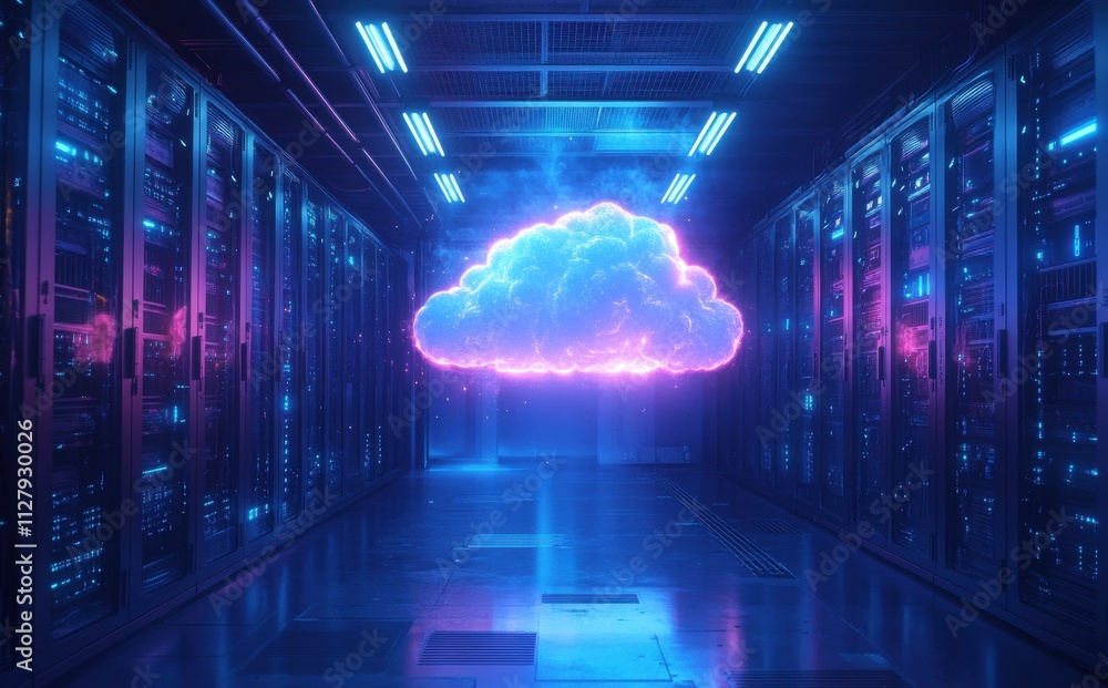 Poster futuristic data center with neon cloud symbolizing cloud computing and storage solutions in a high-t