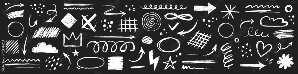Fototapete arrow brush line chalk sketch texture brush vector set. crayon marker scribble sketch stroke arrow e