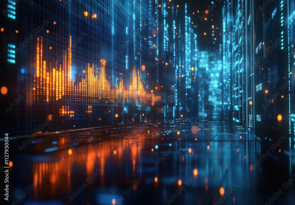 Poster futuristic data visualization with glowing bars and dots representing sound waves and digital inform