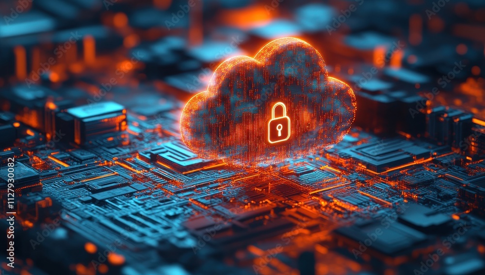 Poster futuristic depiction of a glowing cloud symbolizing secure data storage with a padlock icon on a vib