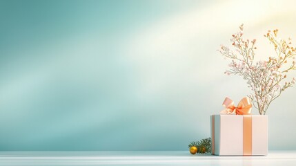 Luxurious gift box with satin ribbon glowing on a soft surface holiday decor indoor setting tranquil environment close-up view elegant presentation for special occasions