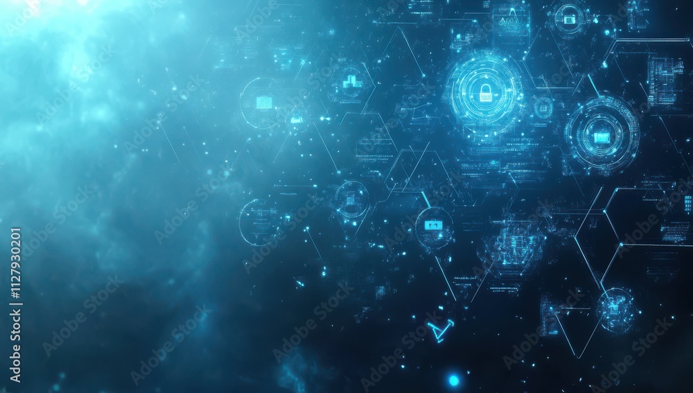 Poster futuristic digital background with abstract blue hexagonal patterns and technology icons representin