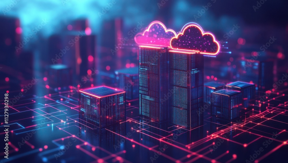 Poster futuristic digital cityscape with neon-illuminated clouds representing cloud computing and data stor