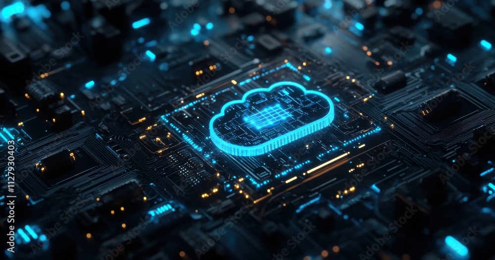 Poster futuristic digital cloud computing concept rendered on circuit board with glowing blue lights and de