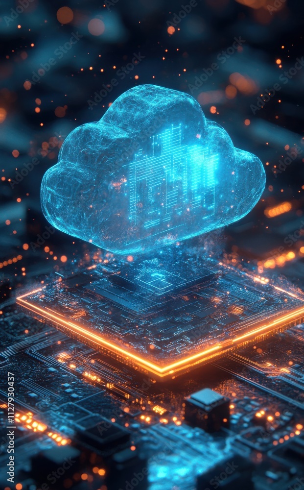 Poster futuristic digital cloud computing concept with abstract data visualization above circuit board tech