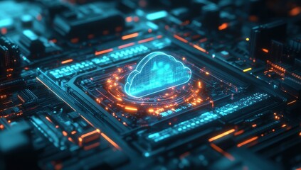 Fototapeta premium Futuristic Digital Cloud Computing Concept Showcasing a Glowing Cloud Icon Over a Microchip Background with Neon Lights and Circuit Patterns