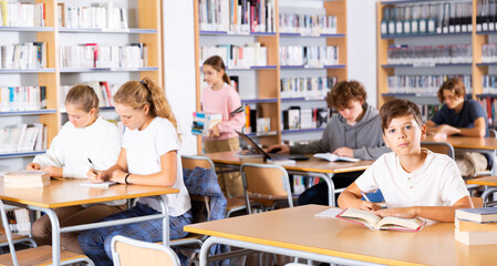 Portrait of a schoolboy preparing for an exam in the school library