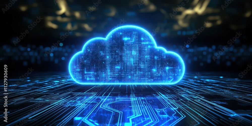 Poster futuristic digital cloud computing concept with glowing cloud icon on circuit pattern background rep