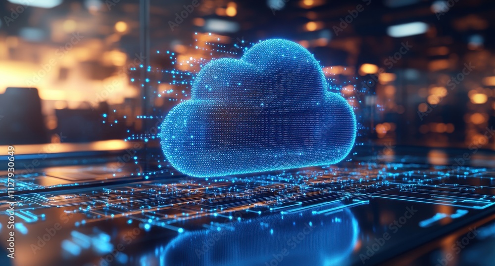 Poster Futuristic Digital Cloud Computing Concept with Glowing Data Points and Circuit Board Background for Technology and Innovation Themes