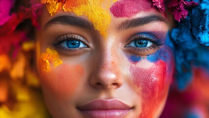 Obraz premium Colorful close-up of a young woman's face. Color face. Marketing concept. Generate AI.