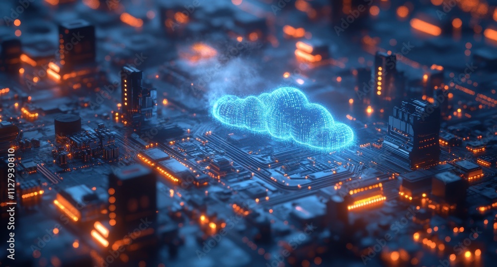 Poster futuristic digital cloud computing network visualized over circuit board with dynamic lights and hig