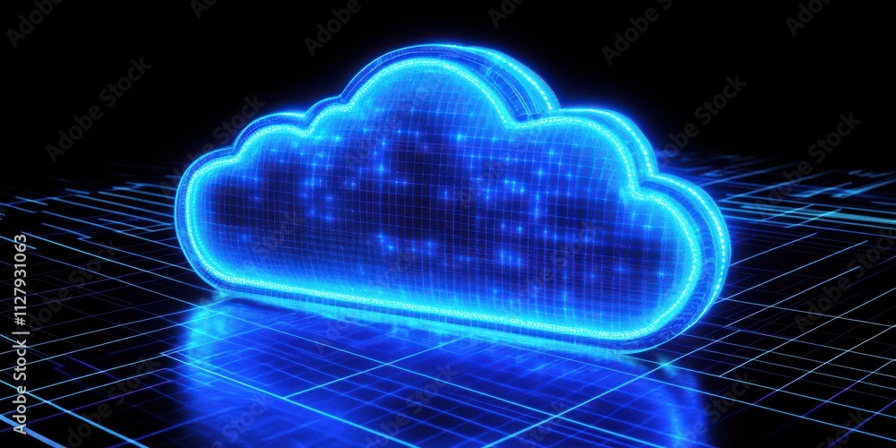 Poster futuristic digital cloud icon illuminated in neon blue against a dark background for representing cl