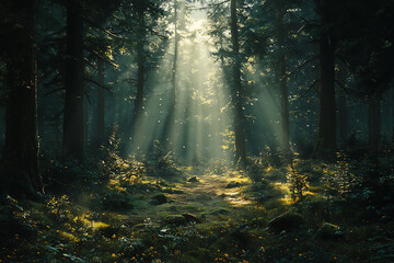 Fototapeta premium A peaceful image of a dense forest with rays