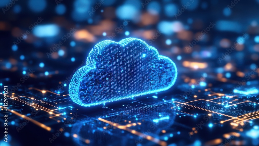 Poster futuristic digital cloud illustration with glowing effects on a technology background representing c