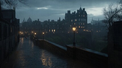 Naklejka premium Rainy night, cobblestone street, lit city buildings.