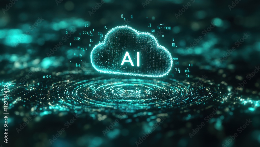 Poster futuristic digital cloud representing artificial intelligence concept with glowing binary code parti