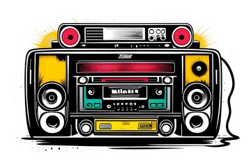 Fototapeta premium Illustration of a colorful retro 1980s vintage radio, ghetto blaster, stereo, cassette player, cd player. Speakers, sound, music, loud, entertainment, songs, boom, box, cd, tape, audio, volume, bass