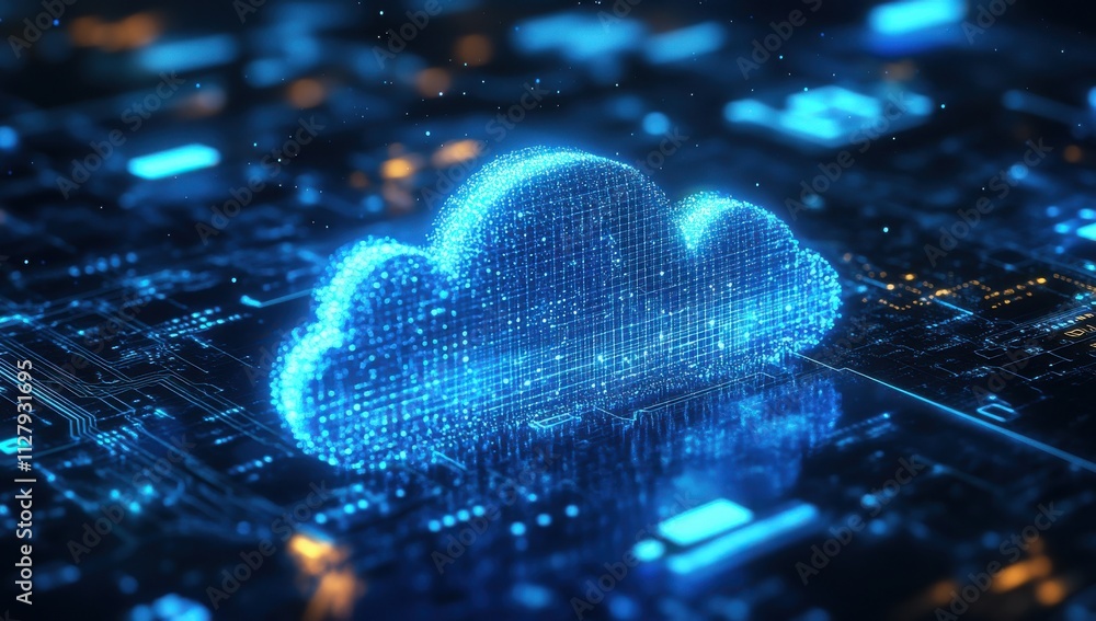 Aufkleber futuristic digital cloud storage concept with glowing particles and circuitry background representin