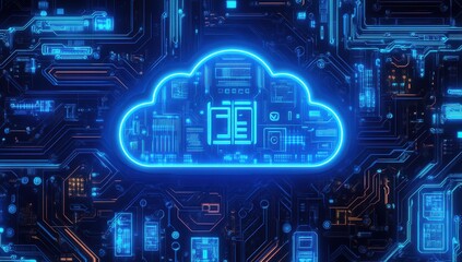 Fototapeta premium Futuristic Digital Cloud Storage Concept Represented by a Neon Blue Cloud Icon Set Against a Circuit Board Background with Glowing Electronic Components