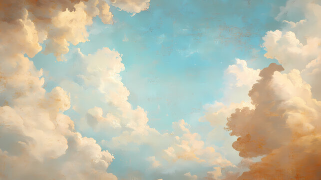 Baroque style ceiling mural featuring blue sky and heavenly scene,. Fresco. Illustration