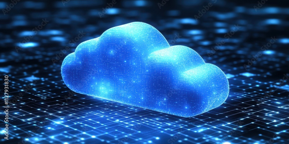 Poster futuristic digital cloud technology concept with glowing blue mesh design and interconnected data po
