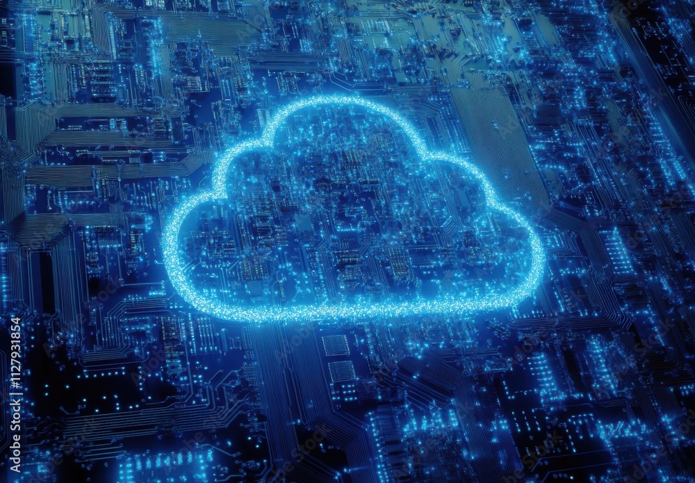 Poster futuristic digital cloud symbol overlaid on a complex circuit board background representing technolo