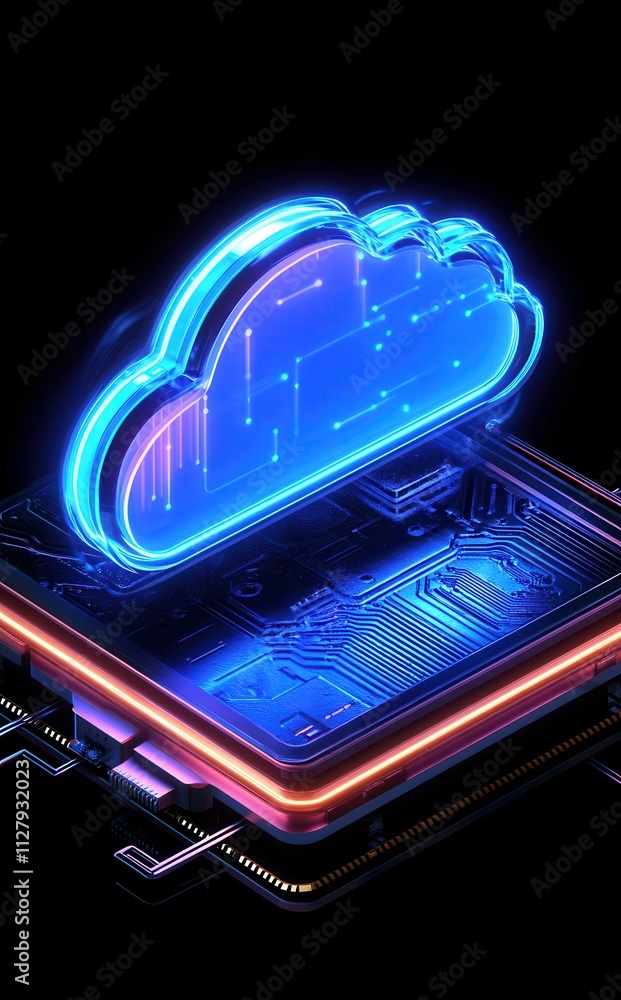 Poster Futuristic Digital Cloud Technology with Circuit Board Background Illustrating Data Storage and Connectivity in a Modern Tech Environment