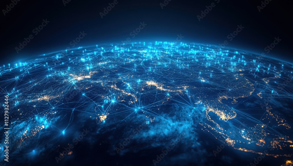 Poster futuristic digital connectivity over earth showing network structure and bright lights illuminating 