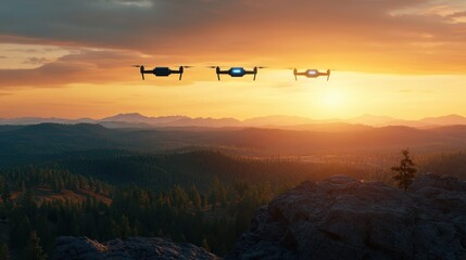 Fototapeta premium Three drones soar in the sky against a stunning sunset backdrop, highlighting the beauty of technology and nature converging.