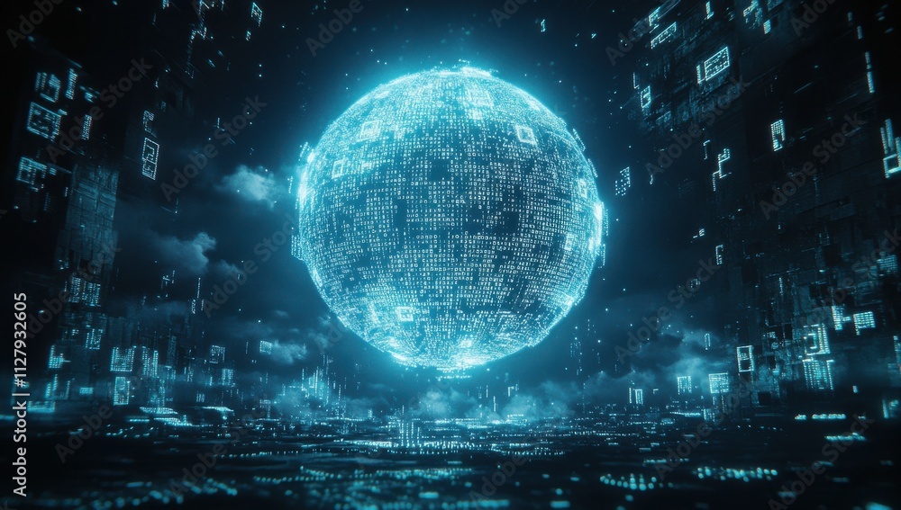 Aufkleber futuristic digital globe surrounded by glowing binary data and abstract technological elements in a 