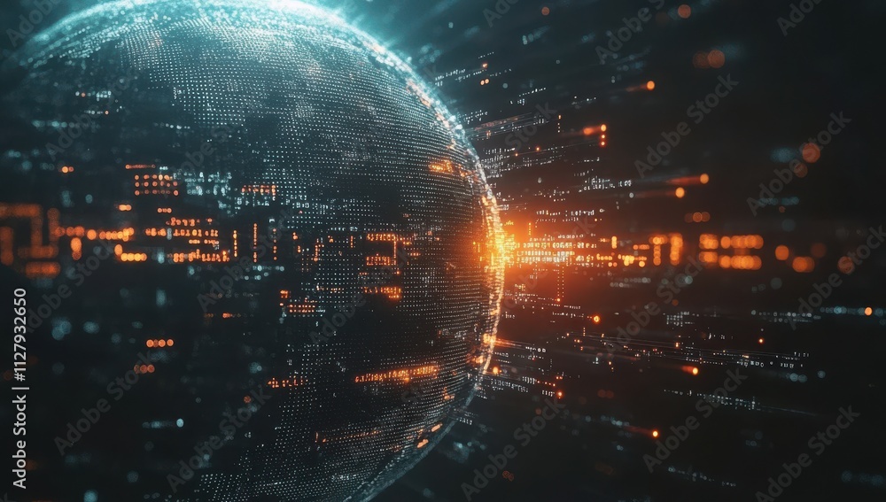 Poster futuristic digital globe with data transmission streams and glowing elements representing global con