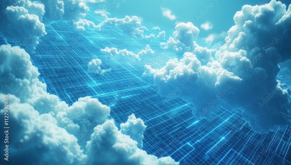 Poster futuristic digital landscape with clouds and grid pattern, representing technology and virtual reali