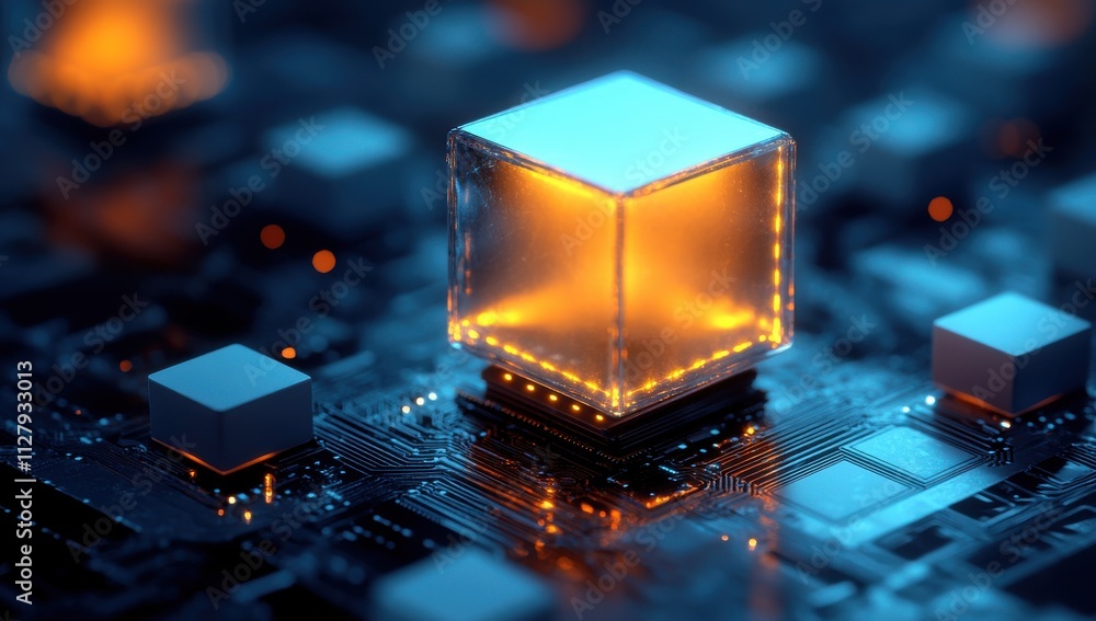 Poster futuristic digital technology concept featuring glowing cube on circuit board with neon lights and d