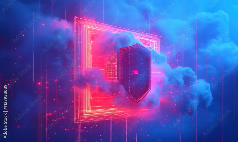 Poster futuristic digital shield surrounded by glowing clouds and neon lights representing cybersecurity an