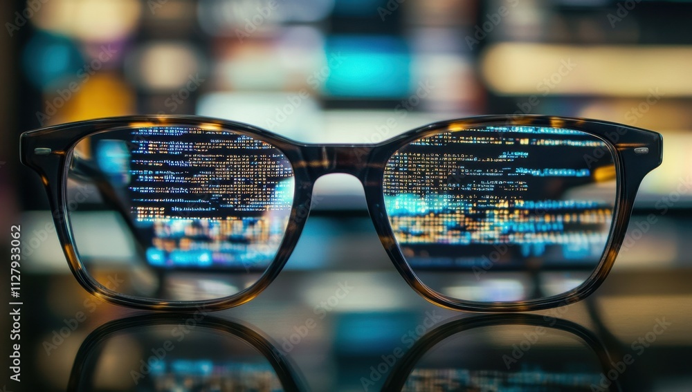 Aufkleber futuristic eyeglasses reflect digital code with colorful light bokeh in background, symbolizing tech