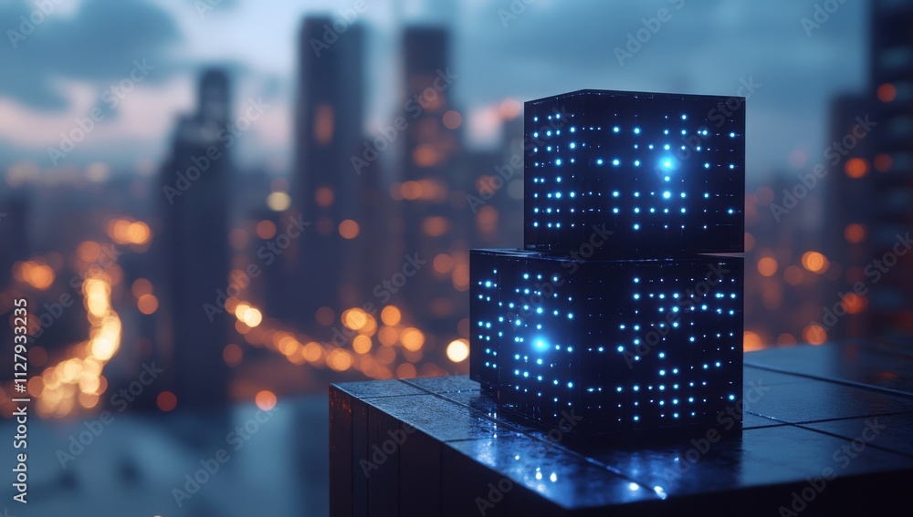 Poster futuristic glowing cubes with digital patterns on a rooftop overlooking a cityscape illuminated by e