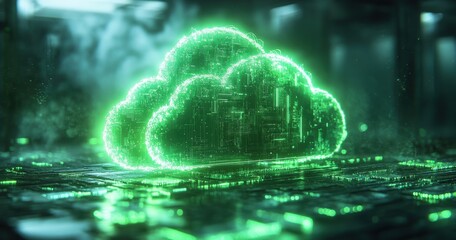 Futuristic Green Cloud Computing Concept with Digital Elements Glowing Brightly in a High-Tech Environment, Representing Data Storage and Connectivity Innovations