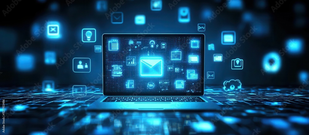 Poster futuristic laptop displaying digital interface with icons and data streams representing technology, 