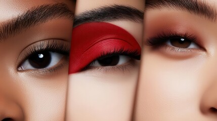 Fototapeta premium A visually striking image showcasing three pairs of eyes, each adorned with unique makeup styles emphasizing different colors and textures.