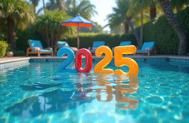 Colorful inflatable numbers 2025 float in a pool. Poolside patio with lounge chairs and an...