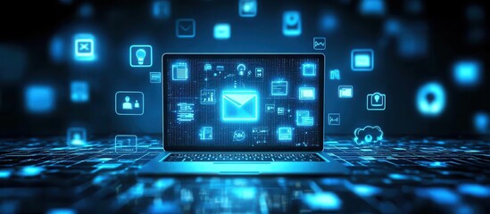 Futuristic Laptop Displaying Digital Interface with Icons and Data Streams Representing Technology, Communication, and Connectivity in a Virtual Environment